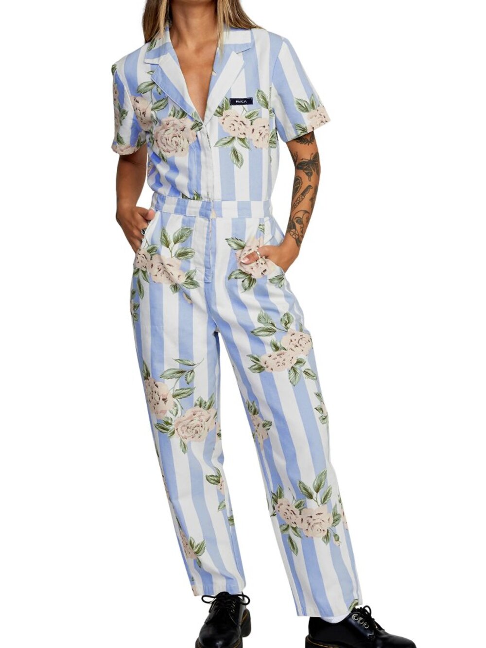 RVCA Nightshift Floral Stripe Cotton Jumpsuit (Medium)